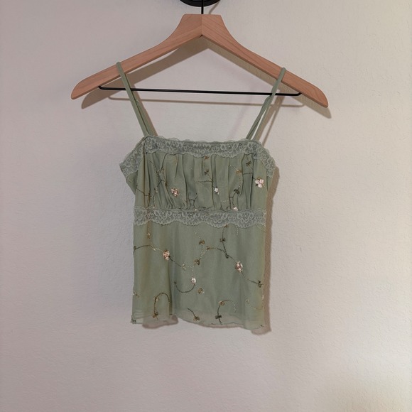 Thirty Thirty LA Tops - Thirty Thirty LA Sage Green Floral Embroidered Mesh Lace Trim Camisole Top XS
